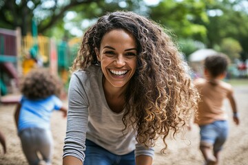 Wall Mural - Kindergarten Teacher Playing Outdoors with Children