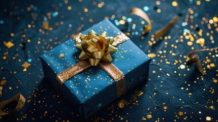 Poster - Festive Blue Gift Box with Golden Accents and Confetti