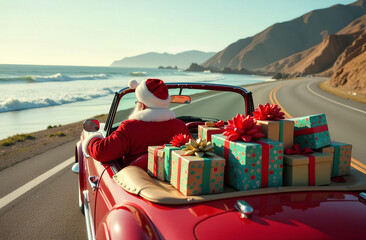 Santa claus driving red convertible car with christmas presents on backseat