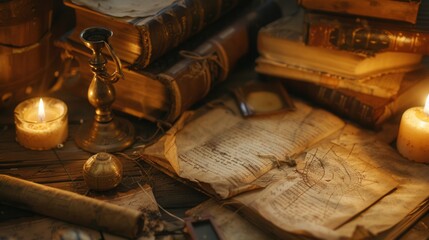 Poster - A collection of ancient books and scrolls lies open on a wooden table, illuminated by flickering candlelight, creating a historical ambiance. Generative AI