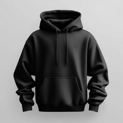 Black hoodie hanging on a white background, minimalist and stylish.