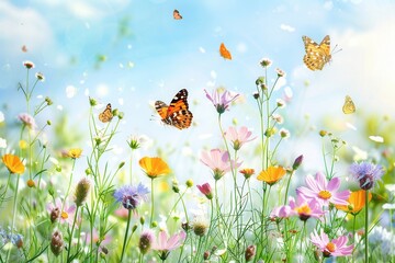Poster - Butterflies flutter among vibrant meadow flowers as they sway gently in the warm sunlight, creating a lively spring atmosphere. Generative AI