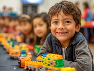 A group of children are sitting at a table with legos and smiling. Scene is happy and playful