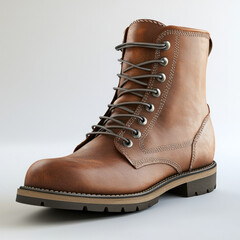 Pair of brown leather boots with laces resting on a wooden porch, framed by autumn leaves, showcasing rugged outdoor footwear in a natural setting.