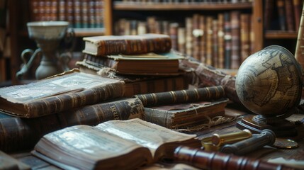 Poster - A collection of ancient books, scrolls, and artifacts rests on a wooden desk, showcasing history and scholarly pursuit in a quiet library. Generative AI