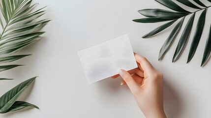 3. **Imagine a clean and modern scene where a hand holds a blank card, ready for customization. The background should be minimalistic, offering generous space for text and branding, perfect for