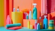© Mr image - 2. **Design a vibrant close-up scene featuring an assortment of cleaning supplies, such as bottles, brushes, and microfiber cloths. The arrangement should be visually appealing, with ample space left