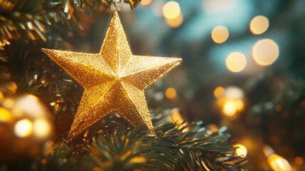 Golden star ornament on christmas tree with festive lights and bokeh, celebrating the season of merry christmas and happy new year, ai