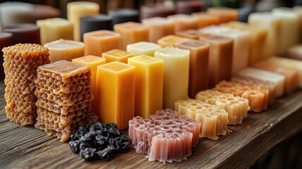 A colorful display of various handmade soaps arranged neatly.