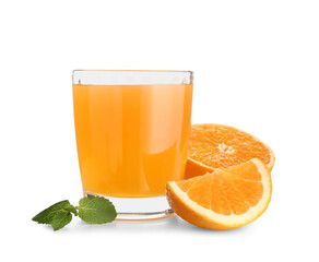 Wall Mural - Glass of juice with mint leaves and fresh oranges on white background