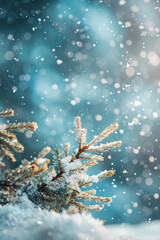 Canvas Print - Snow falling on a close-up pine tree.