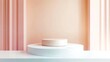 © Linda Space - product display background, soft warm light colour scheme, two empty varying size cylindrical pedestals, against pink yellow white wall, huge text space, 3D rendering