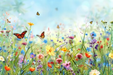 Poster - Butterflies dance amidst a meadow bursting with colorful wildflowers under a radiant spring sky, creating a joyful and lively atmosphere. Generative AI