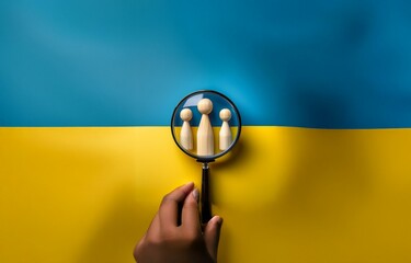 A hand holds a magnifying glass over two wooden figures against a blue and yellow background.