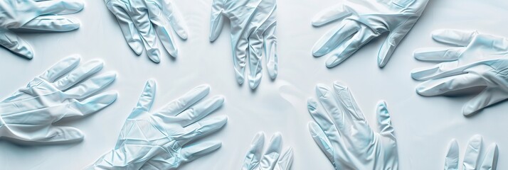 Poster - A collection of sterile medical gloves is neatly displayed on a white background, prepared for use in healthcare or clinical applications. Generative AI
