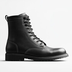 Black leather boot, soft leather, sturdy rubber sole, polished finish, laced-up design, stylish yet practical footwear choice.