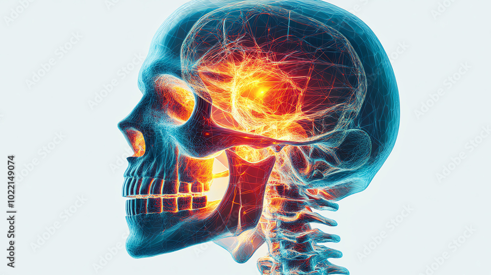 Anatomical illustration of a human skull with detailed brain structures ...