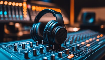 A detailed closeup of podcasting equipment, including a mixing console and premium headphones in a studio setting, representing audio production expertise