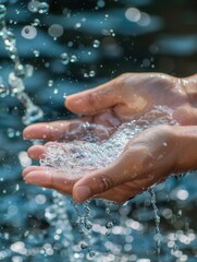 Poster - Two hands are being washed, cupping water flowing from a clear stream in an outdoor environment, sparkling under the sunlight. Generative AI