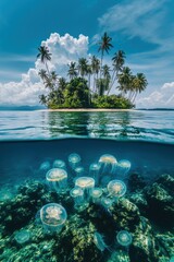 Canvas Print - Beautiful jellyfish with tropical island coconut tree