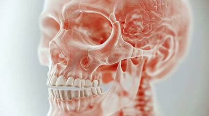 Detailed anatomical representation of a human skull, highlighting its structure and features against a soft background.