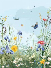 Wall Mural - Colorful butterflies dance among various wildflowers in a sunny meadow, creating a lively and enchanting atmosphere. Generative AI