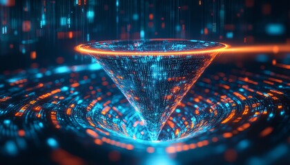 Fototapete - Conceptual visualization of digital transformation through a data collection funnel, representing technology and data analytics in modern business, with a creative flair