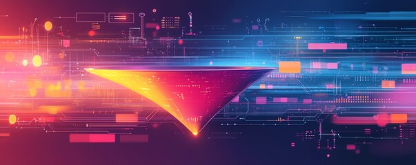 Fototapete - Dynamic illustration of digital transformation featuring a data collection funnel, merging technology and data analytics for business innovation, with eyecatching details