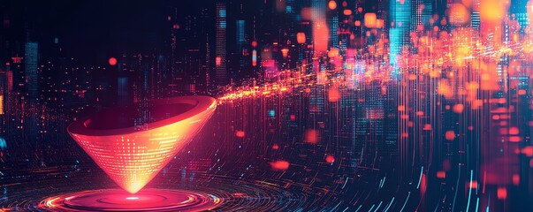 Fototapete - Dynamic illustration of digital transformation featuring a data collection funnel, merging technology and data analytics for business innovation, with eyecatching details