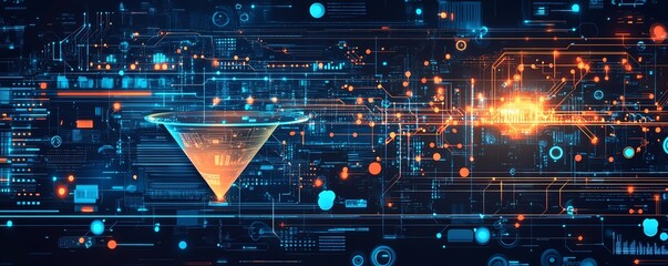Fototapete - Dynamic illustration of digital transformation featuring a data collection funnel, merging technology and data analytics for business innovation, with eyecatching details