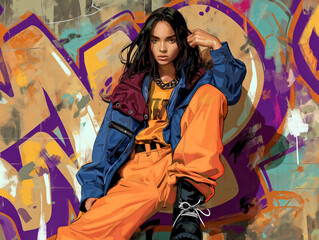 Canvas Print - A woman is sitting on a wall with graffiti on it. She is wearing a blue jacket and orange pants