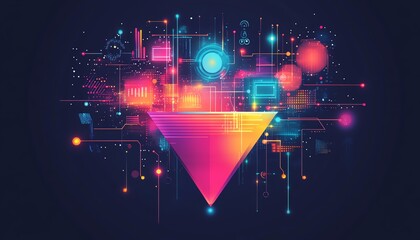 Poster - Stylized image of a data collection funnel showcasing digital transformation, blending technology and data analytics for businesses, with futuristic elements and vivid colors