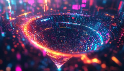 Aufkleber - Stylized image of a data collection funnel showcasing digital transformation, blending technology and data analytics for businesses, with futuristic elements and vivid colors