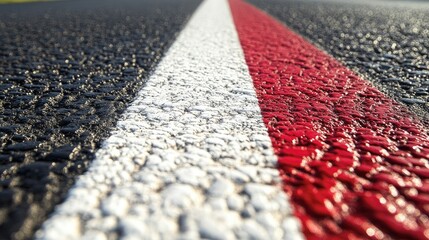 Close-up photo of white and red lines on asphalt. This image can be used for backgrounds, website headers, and social media posts.