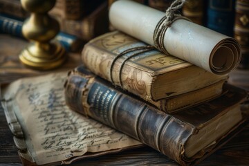 Poster - Ancient books and a scroll are neatly arranged on a wooden table, highlighting their historical significance in a cozy library. Generative AI