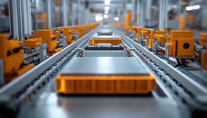 Poster - A detailed view of the electric vehicle battery cell assembly line, focusing on the machinery and components used in mass production