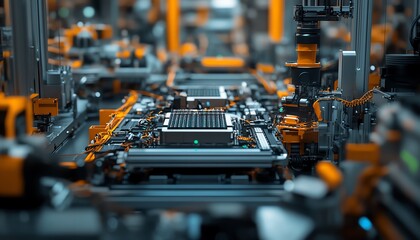 Poster - A detailed view of the electric vehicle battery cell assembly line, focusing on the machinery and components used in mass production