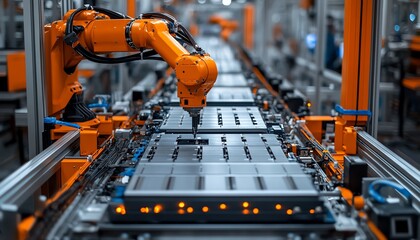 Poster - A detailed view of the electric vehicle battery cell assembly line, focusing on the machinery and components used in mass production