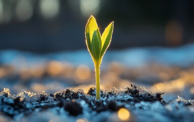 A hopeful scene of a young green sprout emerging from frozen soil, marking the transition from winter s chill to the warmth of spring