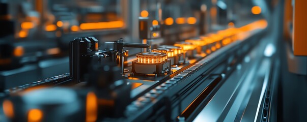 Poster - An immersive closeup of an assembly line dedicated to electric vehicle battery cells, highlighting the innovation in mass production techniques