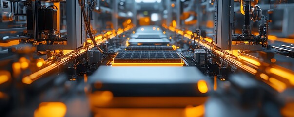Poster - An immersive closeup of an assembly line dedicated to electric vehicle battery cells, highlighting the innovation in mass production techniques
