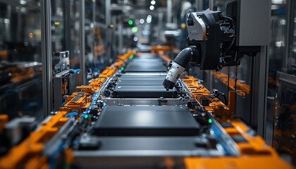 Poster - An upclose look at the assembly line for electric vehicle battery cells, featuring automated machinery and advanced manufacturing techniques