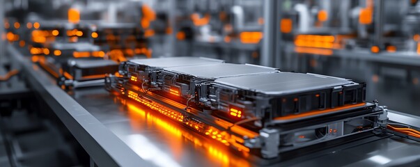 Poster - An immersive closeup of an assembly line dedicated to electric vehicle battery cells, highlighting the innovation in mass production techniques
