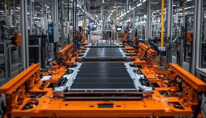 Poster - An upclose look at the assembly line for electric vehicle battery cells, featuring automated machinery and advanced manufacturing techniques