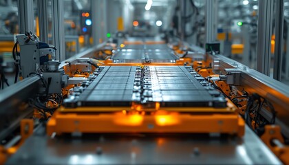 Poster - An upclose look at the assembly line for electric vehicle battery cells, featuring automated machinery and advanced manufacturing techniques