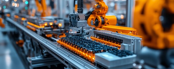 Poster - Closeup view of a mass production assembly line for electric vehicle battery cells, showcasing intricate machinery and hightech processes