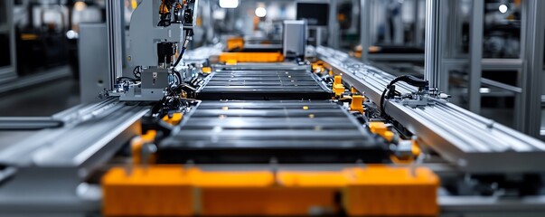 Poster - Closeup view of a mass production assembly line for electric vehicle battery cells, showcasing intricate machinery and hightech processes