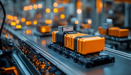 Poster - Detailed shot of an electric vehicle battery cell assembly line, highlighting the precision and technology involved in mass production