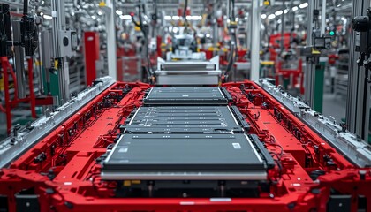 Poster - Detailed shot of an electric vehicle battery cell assembly line, highlighting the precision and technology involved in mass production