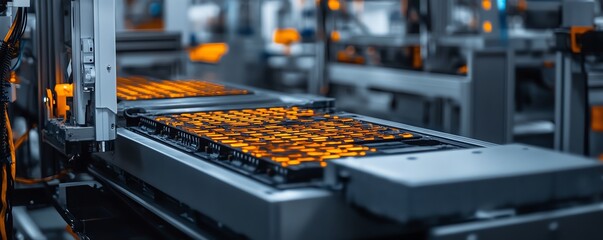 Poster - Mass production of electric vehicle battery cells captured in a closeup view, emphasizing the efficiency and innovation of the assembly process